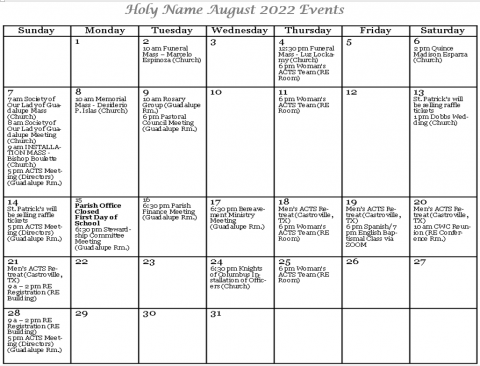 Holy Name August Events | Holy Name Catholic Church